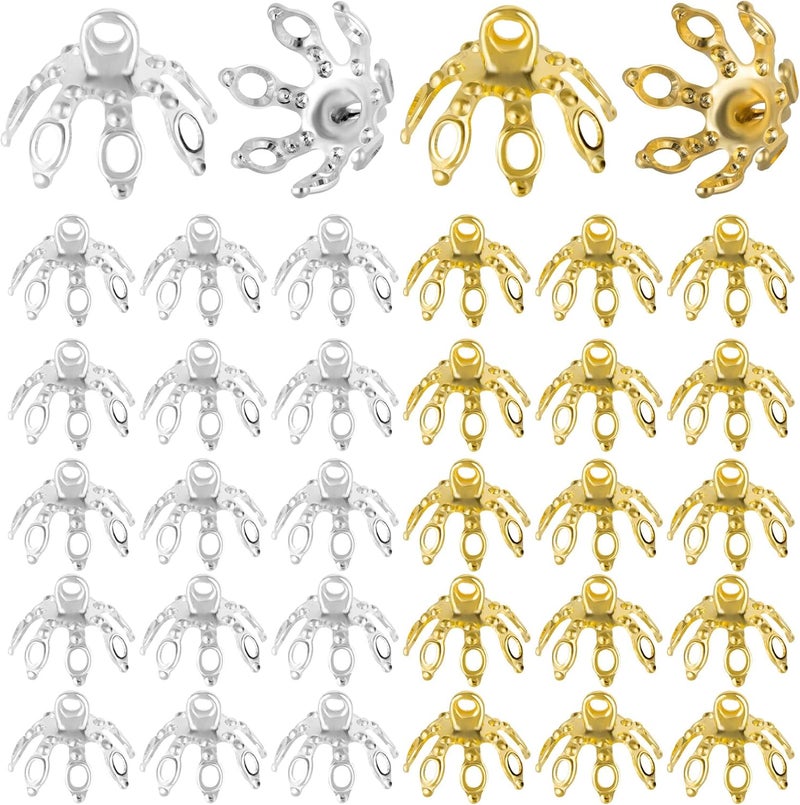 ANCIRS 100 Pack Flower Bead Caps Toppers for Jewelry Findings, 7 Prong Bell Bead Cap Bail End with Loops for DIY Craft Earrings Bracelets Necklaces Ornament Pendant- Gold & Silver - Image 1